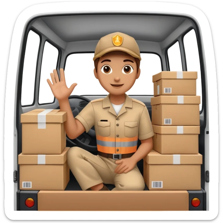 truck with a supplier in work uniform sitting inside, waving hi, lots of packages in the truck sticker