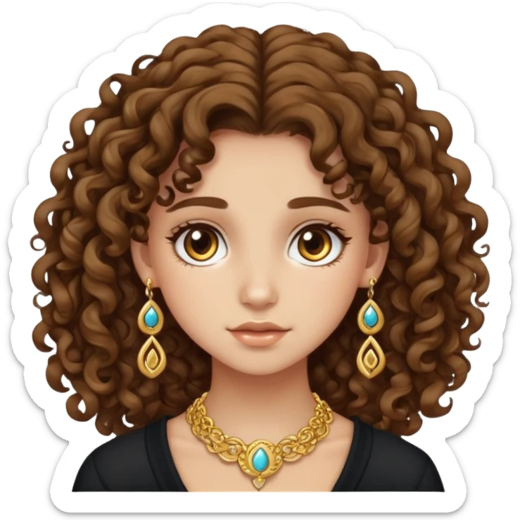 Teenage girl with curly brown hair, choni style with gold jewelry sticker