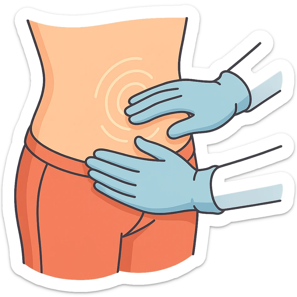 Close-up of a human abdomen with a doctor wearing gloves palpating it. Fingers gently pressing on the abdomen with pressure points highlighted by light circles or waves. The person is wearing pants, side view, 2D isometric style, very detailed, soft rounded shapes, clean contours, pastel palette, refined shadows and highlights, modern illustration, transparent background. sticker