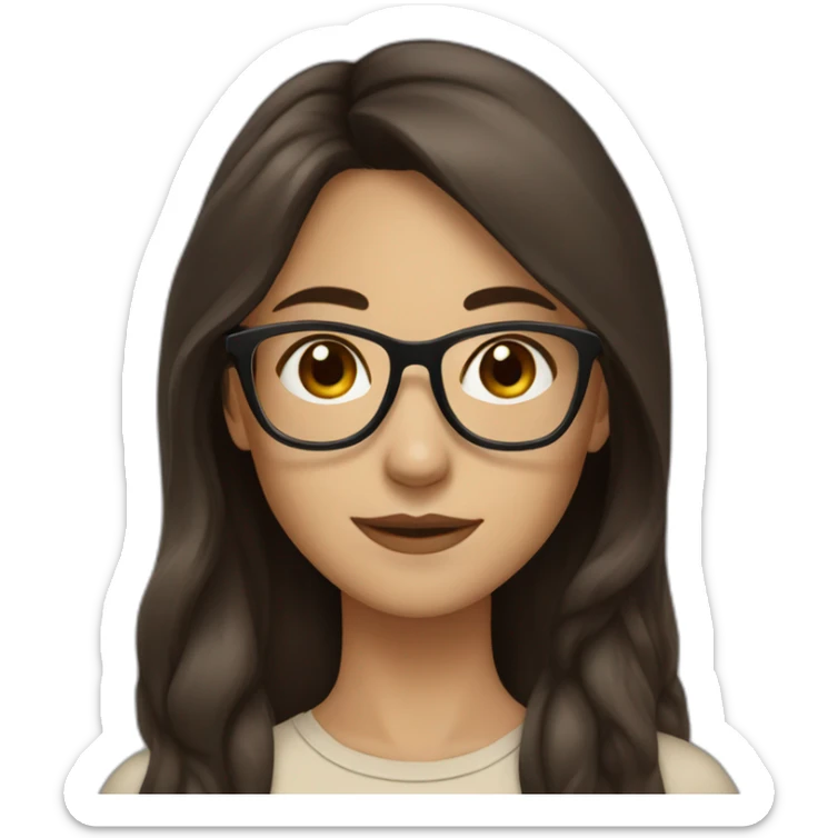 A girl with long dark brown hair and dark brown eyes and beige skin wearing glasses sticker
