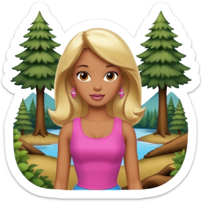 Brown skin blonde hair barbie in front of the woods sticker