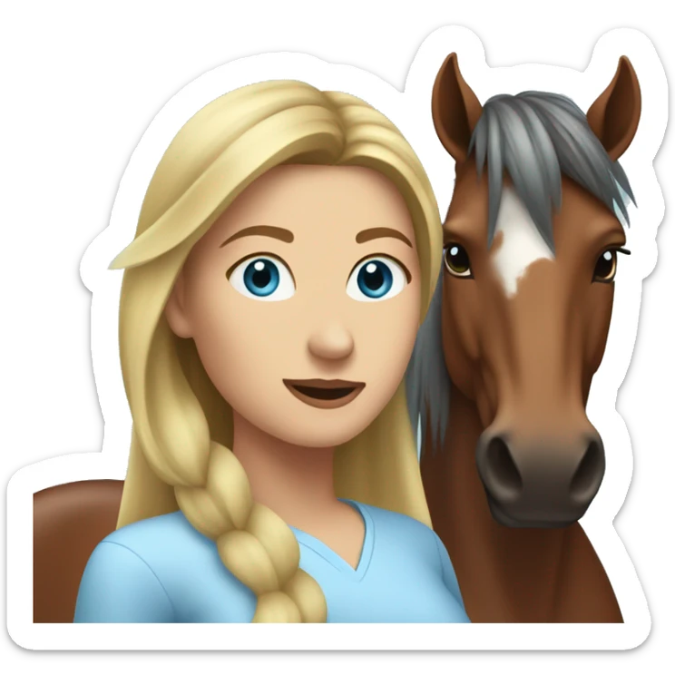 woman with long back hair and light blue eyes next to a sorrel horse sticker