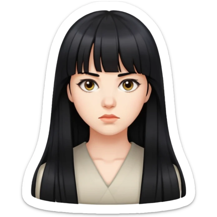 nữ 25 tuổi, da trắng, tóc đen dài, mái 5/5, mặt nghiêm túc sticker