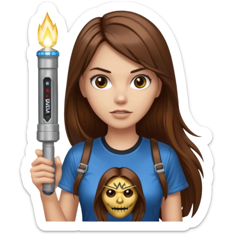 a female with long straight brown hair and brown eyes wearing a iron maiden shirt holding a flashlight  sticker