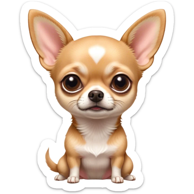 Cinematic Meme-Worthy Grumpy Fawn Short Haired Chihuahua Portrait Emoji, Head held high but eyes filled with dramatic disappointment, smooth fawn fur with a sleek finish, deeply furrowed brow forming an unmistakable scowl, floppy ears slightly angled back in disapproval, piercing dark eyes glaring with pure exasperation, Simplified yet hilariously over-exaggerated features, highly detailed, glowing with an aura of supreme annoyance, high shine, exhausted yet judgmental, stylized with an almost regal pettiness, bright but brooding, soft glowing outline, capturing the essence of a pup that has seen it all and is thoroughly unimpressed, so meme-worthy it feels like it could instantly become the next viral sensation of grumpiness! sticker