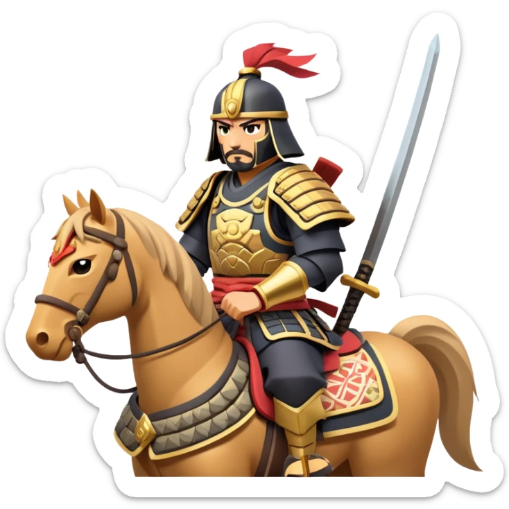 clash-of-clans-aesthetic_-cinematic-fearsome-and-majestic-samurai-bust-portrait-emoji, rendered in a flat, vector-style with minimal shading and bold, simplified shapes typical of emoji art, depicting a battle-hardened samurai with steely eyes and traditional Japanese armor, riding a noble warhorse adorned with an intricately designed saddle and fluttering banners, against a backdrop of cherry blossoms and a rising sun. sticker