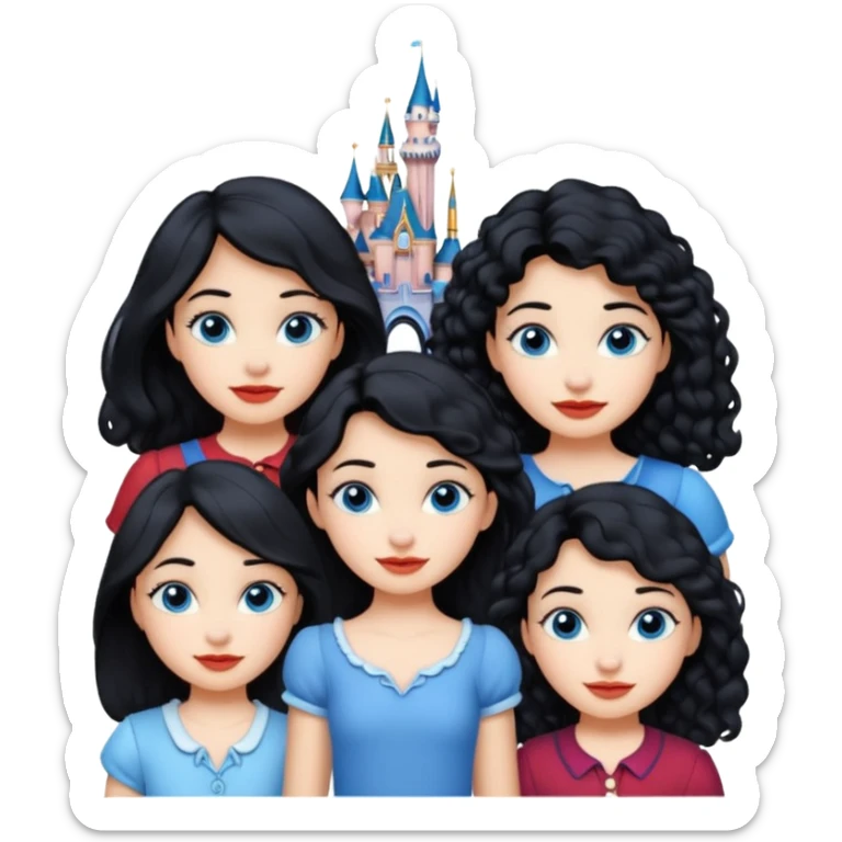 escribe el nombre Disneyland Paris y para titulo, pon a quatro chicas: una pelo corto negro, una pelo rizado largo, una pelo largo liso y la otra pelo ondulado mediano, esta con el ojos azules. Todas tienen piel carne y pon las chicas por los sitios después del nombre sticker