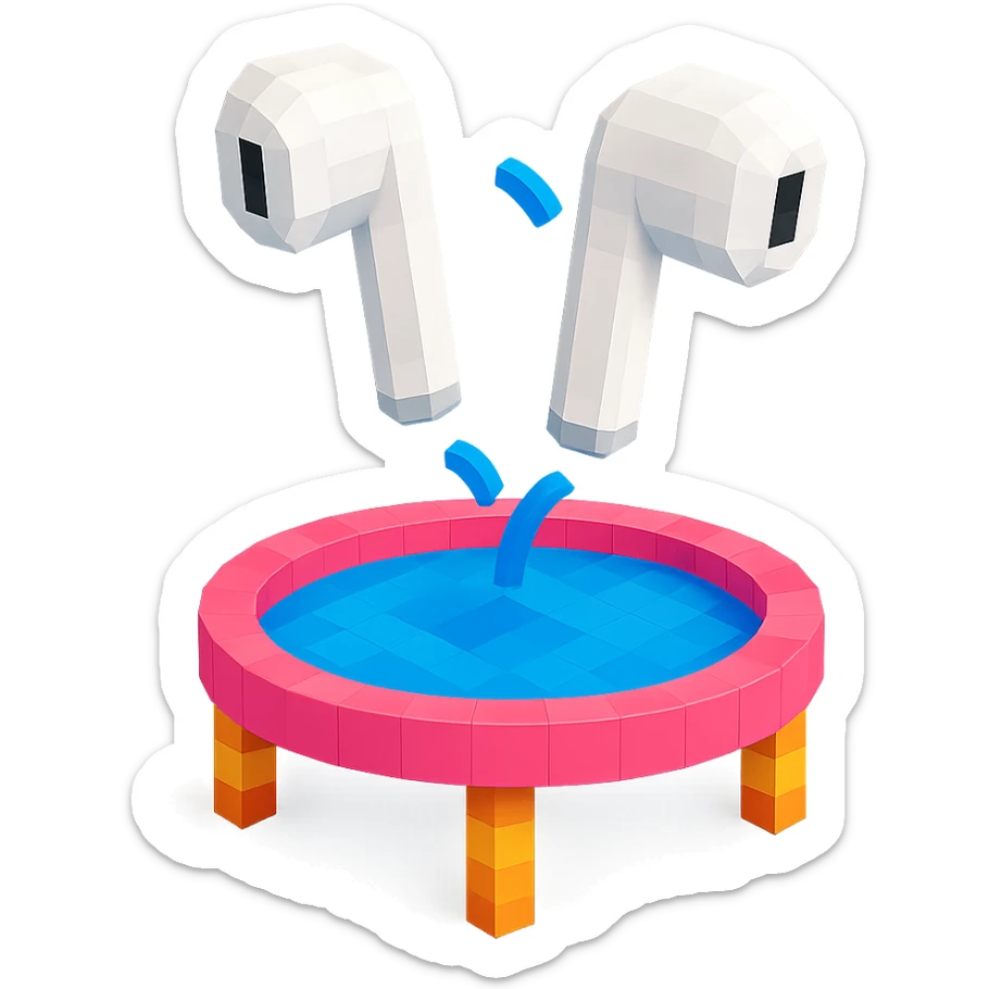 white EarPods headphones with a playful twist, bouncing on a trampoline sticker