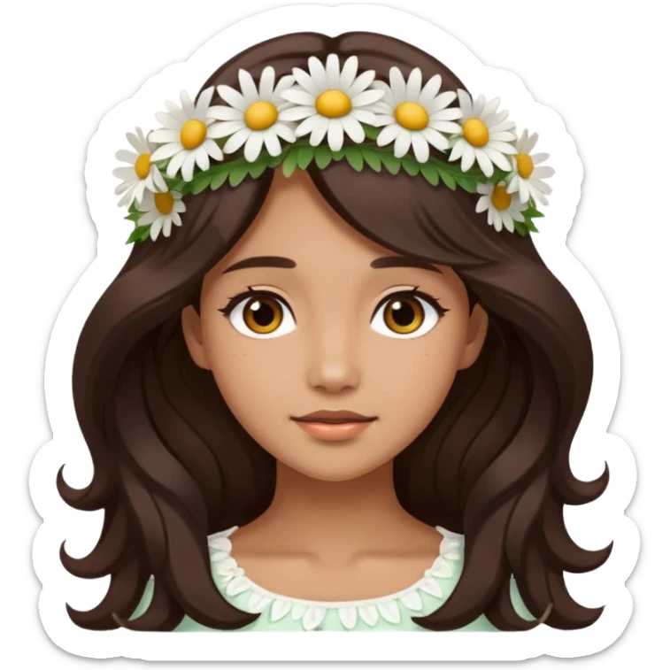 Medium skin tone female, long dark-brown hair with gentle waves, wearing a white daisy floral crown. sticker