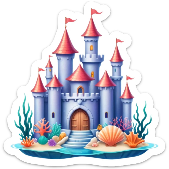 Ariel's underwater castle from The Little Mermaid white, colorful coral, seashell architecture, simple,  sticker