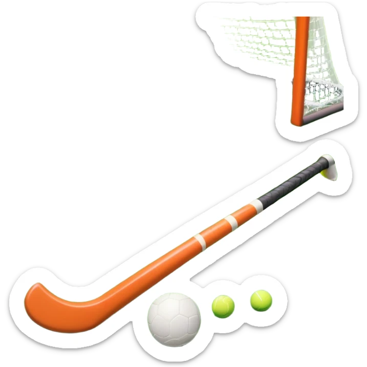 A field hockey stick and ball on a vibrant green grass field, with goalposts and clear field markings in the background. The scene emphasizes the bright, lush grass, highlighting the fast-paced and strategic nature of hockey on a well-maintained pitch. sticker