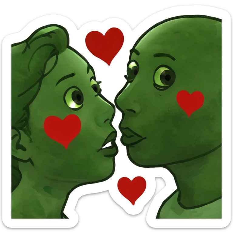 Couple of blonde girl and boy with black hair and fair skin is kissing with a lot of hearts around them sticker