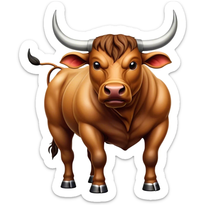 Cinematic Realistic depiction of a powerful Spanish charging bull, rendered with dynamic muscle definition and detailed, textured hide, set against a dramatic backdrop with intense, action-packed lighting sticker