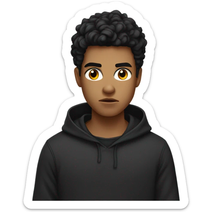 a young male with medium skin and curly black hair, wearing a black hoodie, angry expression sticker