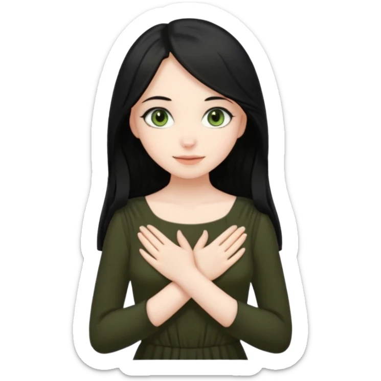 Pale girl with long black hair and olive green eyes soft smile wearing black dress and holding hands over her chest sticker
