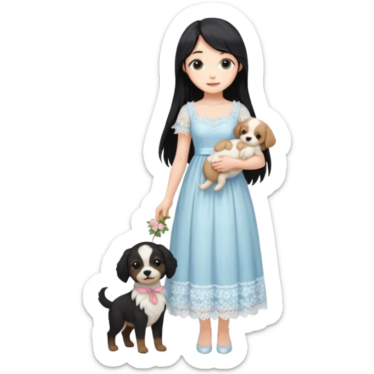 Pastel anime lady long hair with long lace dress full body holding puppy sticker