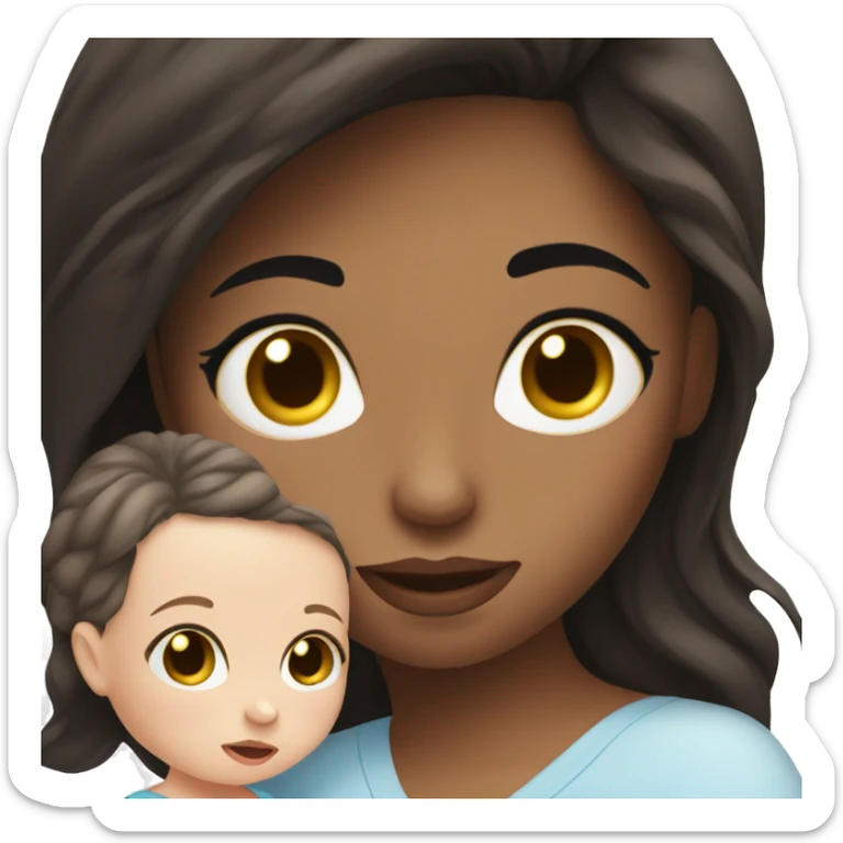 mom holding newborn baby girl with blue eyes and white skin baby dark hair sticker
