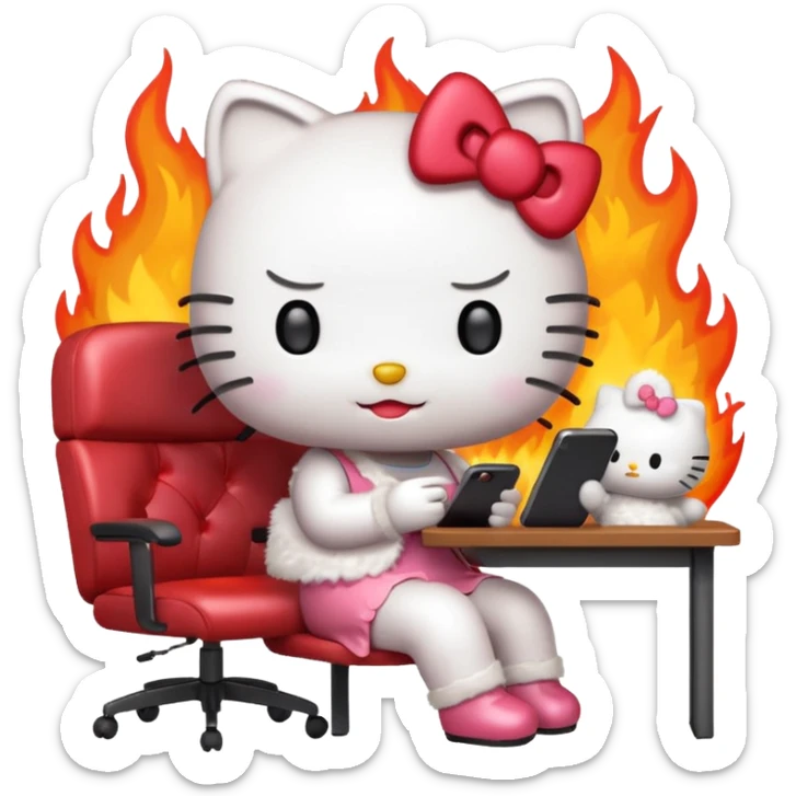 Apple-style emoji illustration of hello kitty character calmly sitting at an office desk, looking at a smartphone and looking relaxed, while the office behind her is subtly on fire. sticker