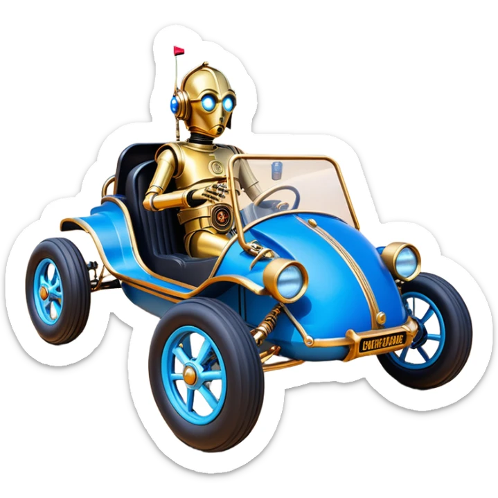  tarnished blue neon underglow C-3PO ghost buster 1964 delicately ornate rosegold wood accents painted Model-T dune buggy buckboard powered by electric motors and batteries with racing safety belts while flying rapidly roughening terrain stable on strong agile advanced suspension and steering sticker