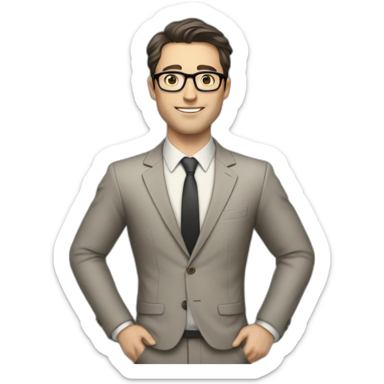 Full height Pale skinned Fit Man With dark brown hair in classic gray suit, beige office shirt, dark gray tie, and vintage glasses. His hands lock sticker