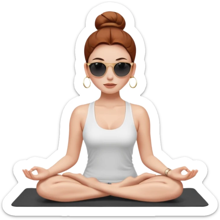 Clean girl influencer character, chest-up portrait.Sleek tight bun hair color (auburn .Natural glossy makeup, soft blush, shiny lips.Minimal white tank top, small gold hoop earrings, delicate gold necklace.Black sunglasses on head.Rolled yoga mat hanging over her shoulder. sticker