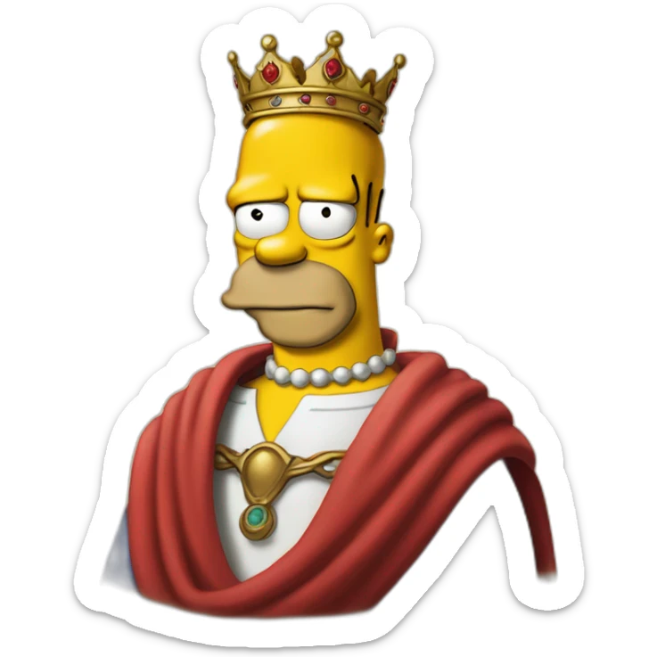 Half body portrait of homer simpson wearing a red cloth and a crown and sitting in a huge thorn sticker