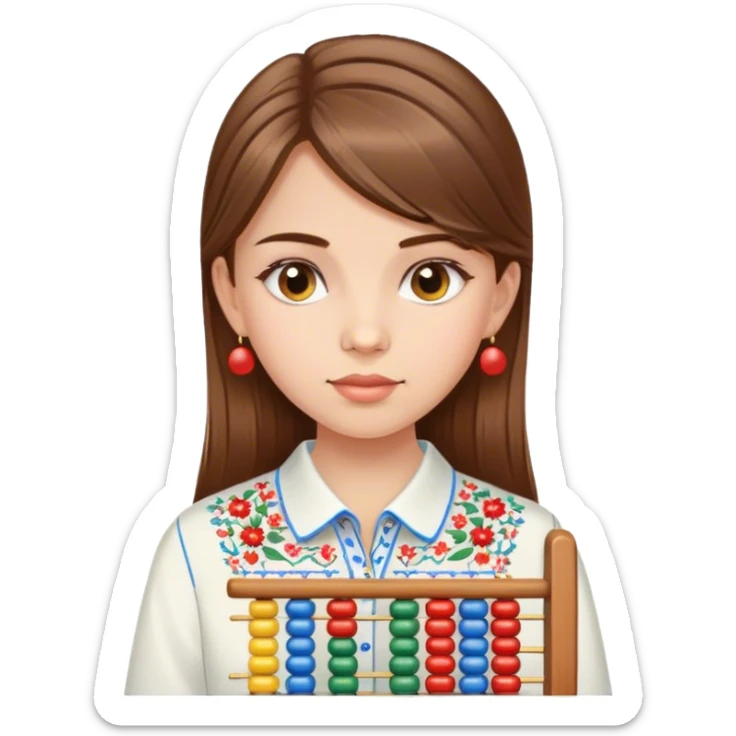 A Ukrainian girl with brown hair in an embroidered shirt holds an Abacus sticker