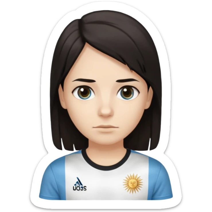 A dark-haired person with dark circles under their eyes and an Argentina t-shirt, with short and long hair but not combed. sticker