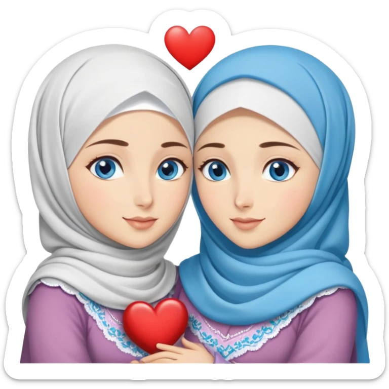 Two Turkish beautiful finish Konya friendly girls blue eyes with hijab and heart dress and hugs  sticker