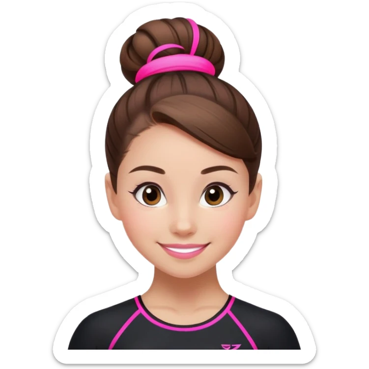 Happy female gymnast with brown hair in a neat bun, wearing a black uniform with neon pink elements. sticker