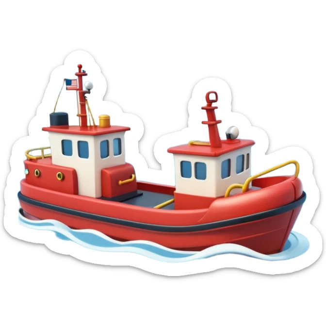 A 3D cartoon tugboat towing another boat on calm blue water, soft waves, clear sky, Memoji-style. sticker