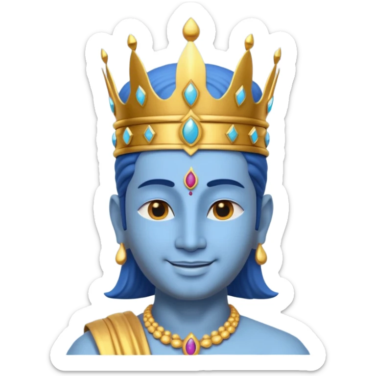 Hindu god Vishnu portrait, head and shoulders only, blue skin, golden crown, sacred jewelry, peaceful smile, divine aura, 3D cartoon, mobile game icon style, clean background, no text, no watermark
 sticker