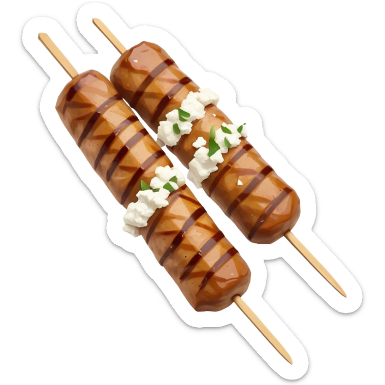 Souvlaki Cinematic Realistic Souvlaki Dish Emoji, depicted as skewered, grilled meat served with a side of crumbled feta cheese, rendered with rich textures and dynamic, appetizing lighting. sticker