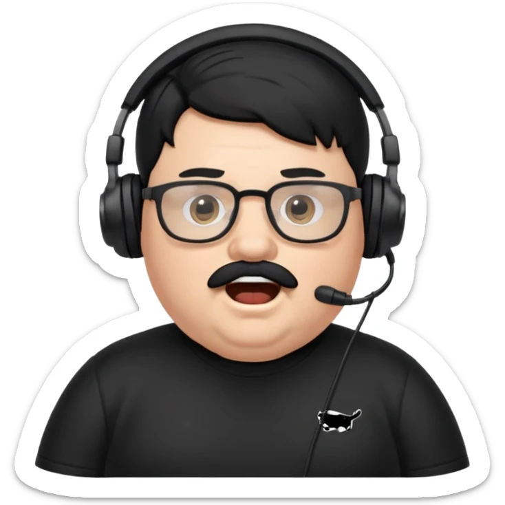 "A cartoon-style emote of a chubby streamer with black hair, mustache, and glasses, wearing a headset and a black Puma shirt. He has a shocked facial expression with wide eyes and an open mouth.

 sticker