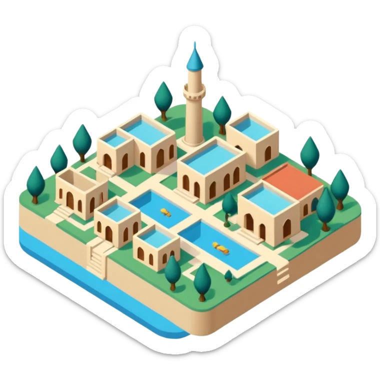 little city and many, small, ordinary, simple, home, Iranian-style, 1980, isometric sticker