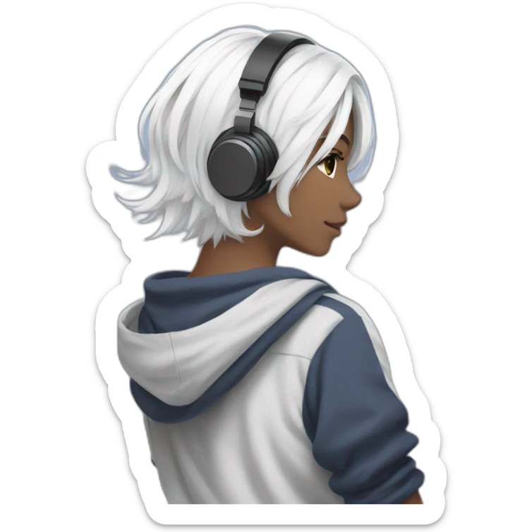 anime girl from behind with headphones on toes and white hair sticker