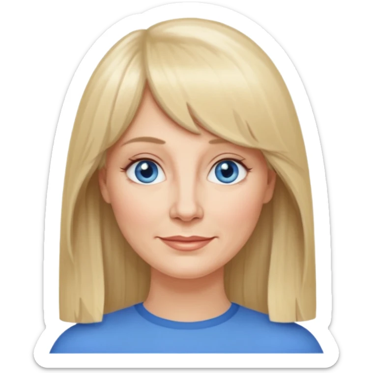 50 yr old white woman, curtain bangs, very long straight blond hair, oval face, small smile, blue eyes, thin face, hair down to elbows, round cheeks, pale sticker