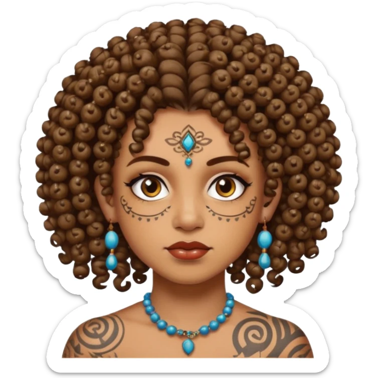 curly haired and heavy face tattoed person with a unique face and style, beads in hair sticker