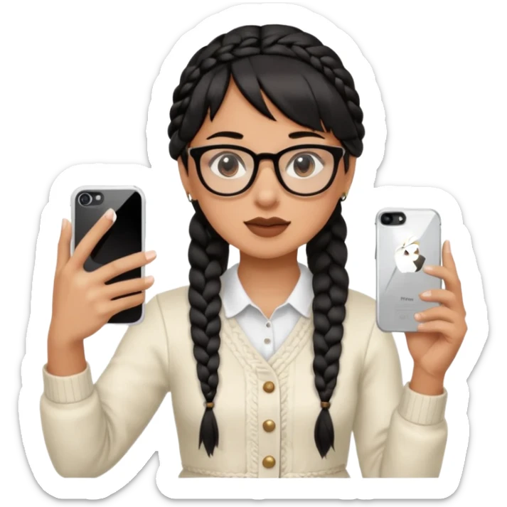 Black hair is braided to one side, braided to the left, and bangs, wearing horn-rimmed glasses, holding an iPhone white color and taking a mirror selfie so that Apple logo comes out sticker