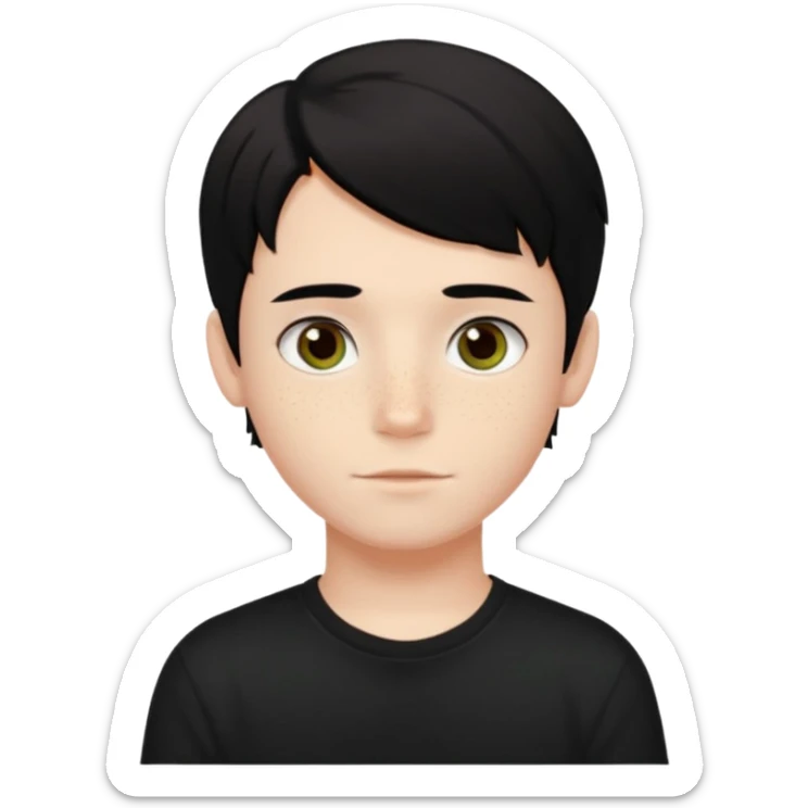 A beautiful boy with black hair and hazel green and brown eyes and white skin , with dark freckles and black t shirt with HAIRCUT: middle part hair hair with a center part haircut  sticker