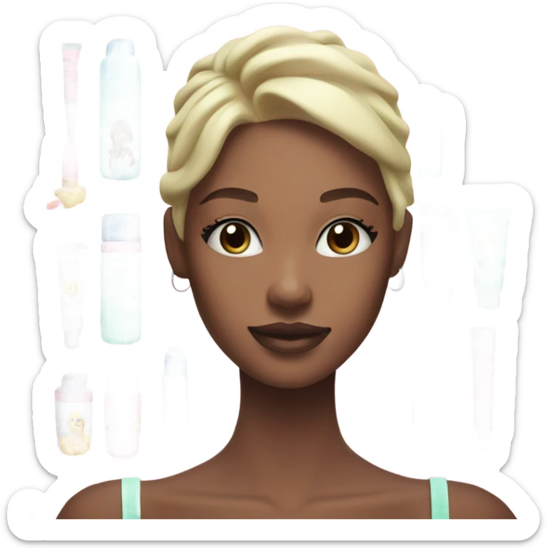 Generate emoji skin care cosmetics jars and tubes pink, light green and blue and a girl with blond hair next to her sticker