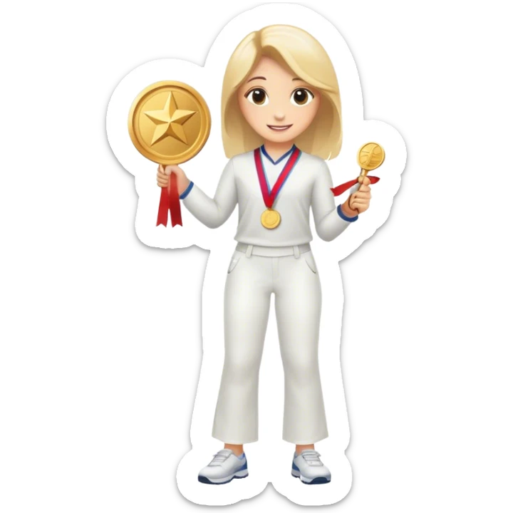 happy girl in white pants with a gold medal and a diplome sticker