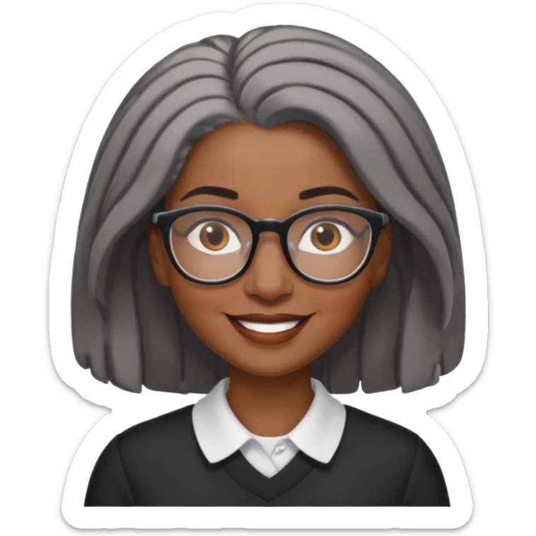 emoji of a black grandma women with longer past shoulder black and gray hair with glasses and brown eyebrows sticker