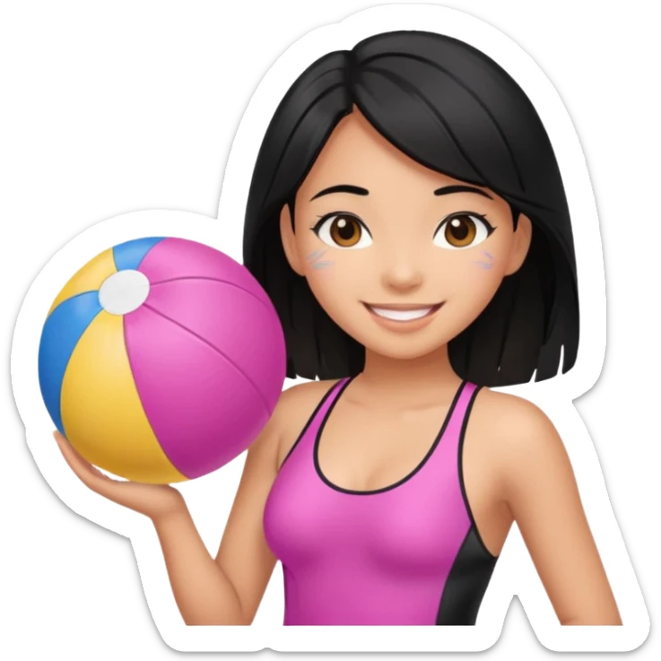 Hawaiian girl with black hair with pink highlights and a swimsuit, with beach ball sticker