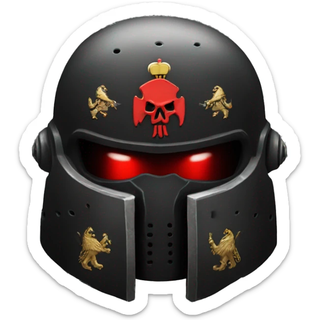 Black Space Marine helmet with red lenses, featuring the Russian coat of arms. sticker