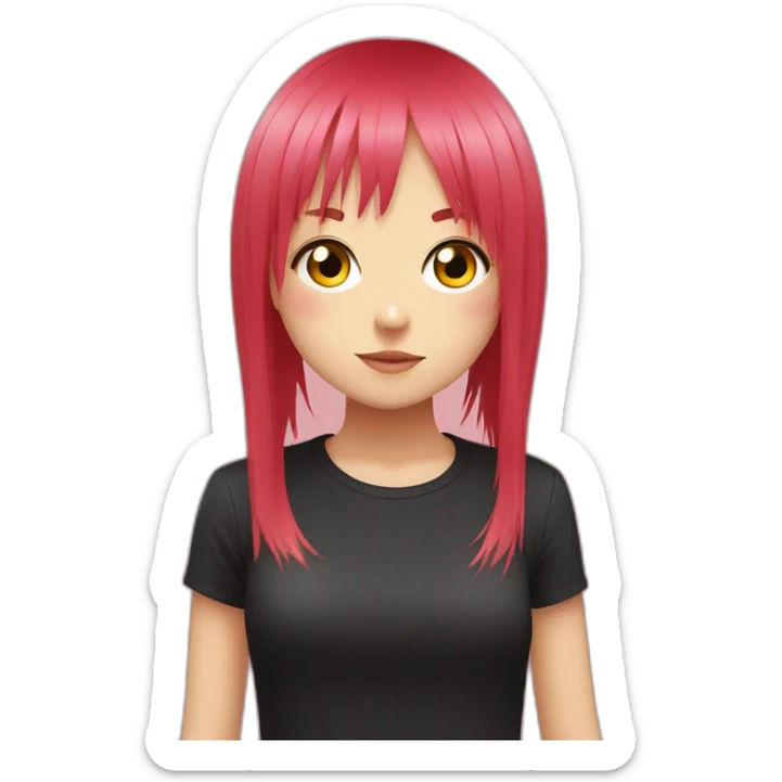 (gril) makima from the manga chainsawman with pink/red hair fringe, yellow eyes with a circle inside and a black shirt sticker