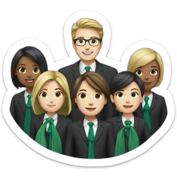 Many school  wyhite students and teacher in black blue school costume and green tie  sticker