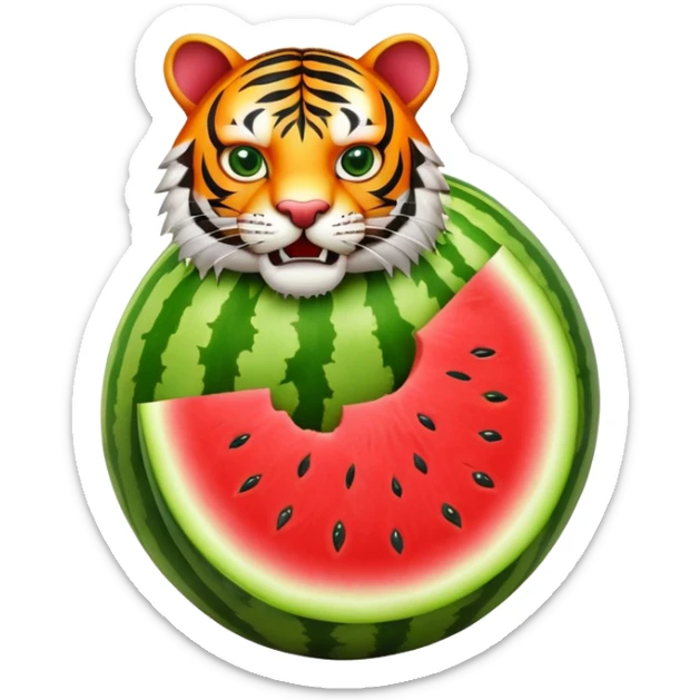 A watermelon fruit body with a fierce tiger head coming out of the top sticker