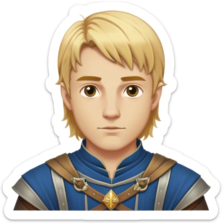 Medieval summer outfit worn by a DnD themed fantasy male character. Character has golden blonde hair cut in an even, symmetrical style that falls precisely to the jawline, with a perfectly centered part and identical lengths on both sides. sticker