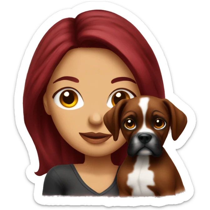 Beautiful tattooed  burgundy long haired woman holding a boxer puppy sticker